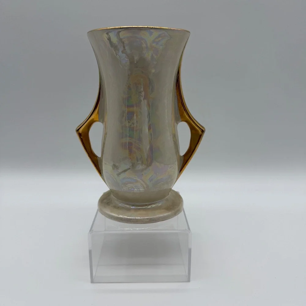 Vintage Iridescent Pearlescent Lusterware Vase Hand Decorated 22KT Gold 8 Inch